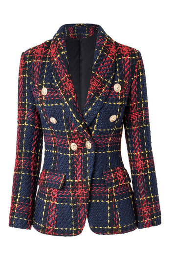 Blå Rød Slim Retro Lapel Plaid Women Blazer